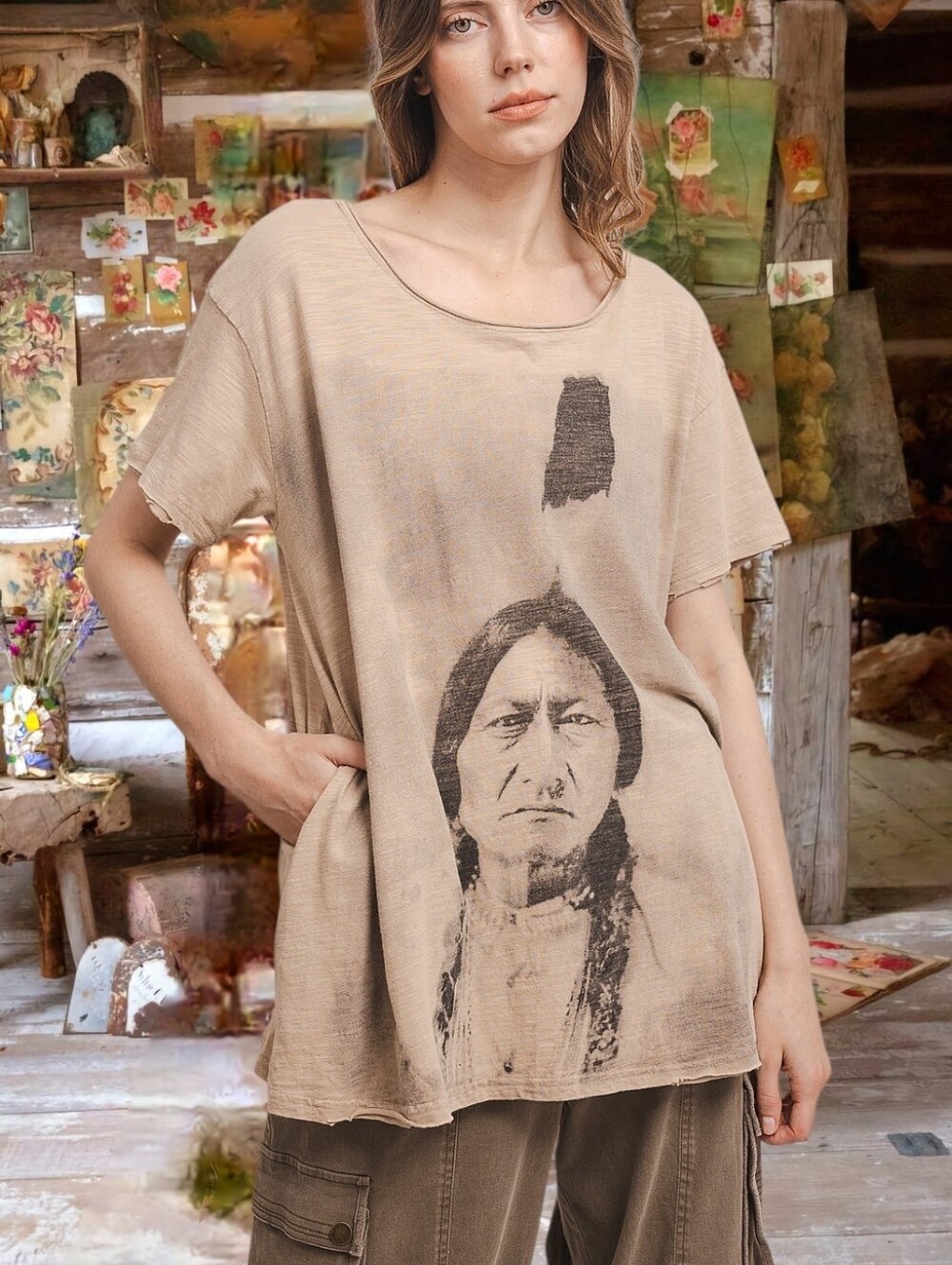 Magnolia Style Free Relaxed Mauve Graphic Long boho Cotton Dress with Pockets L - Picture 13 of 16
